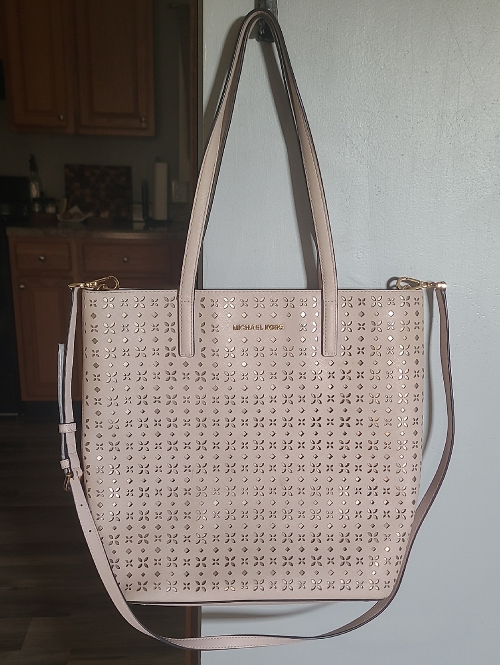 Michael Kors Pale Pink Perforated Leather Tote with Crossbody Strap